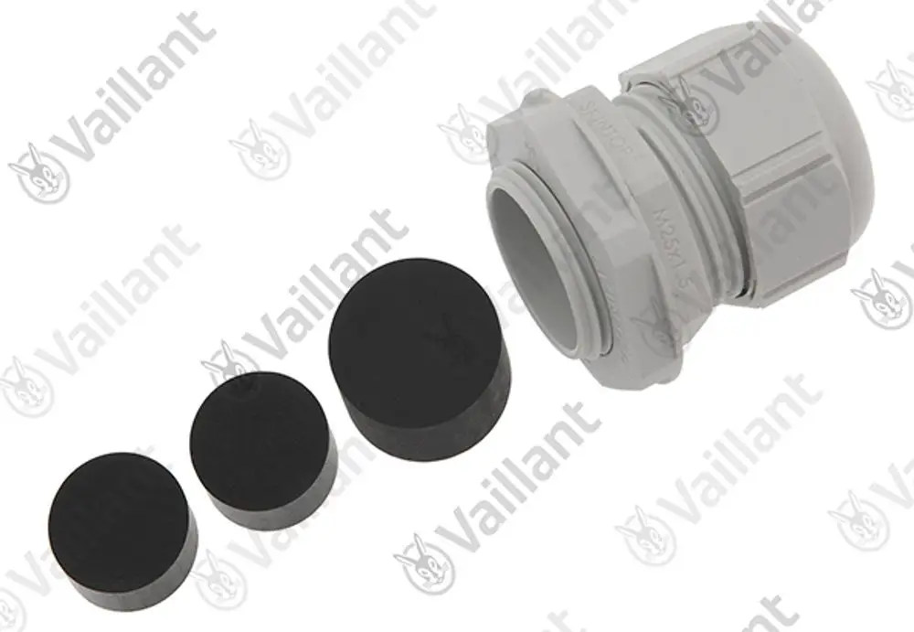 Vaillant Stopfbuchse in Grau mit drei schwarzen Abdeckungen. Die Teile sind klar strukturiert und auf einer weißen Plattform angeordnet.